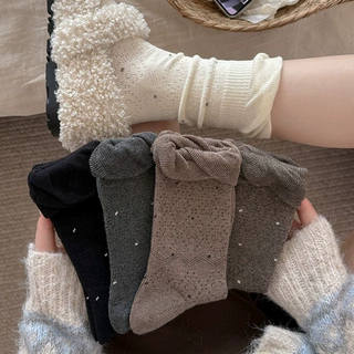 小波点袜子女秋季新款甜美花苞口中筒袜日系复古咖色花边袜堆堆袜