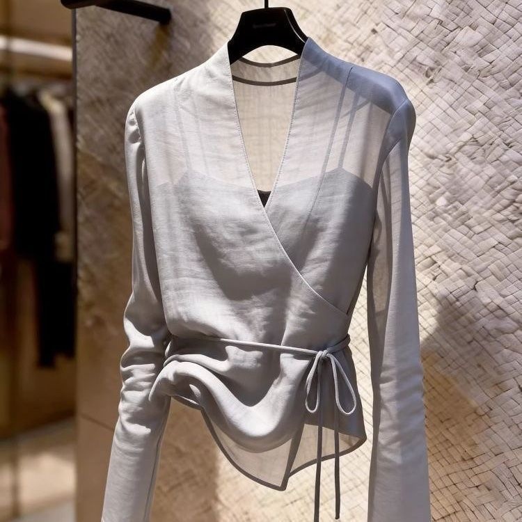 2026 Summer New Style Sheer French V-Neck Gray Long-Sleeve Blouse for Women, Unique and Chic Lace-Up Top
