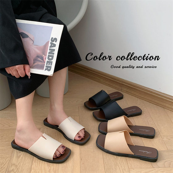 Korean Style Elegant Sandals and Slippers for Women 2025 Summer New Style Square Toe Open Toe Simple Flat Casual Slippers