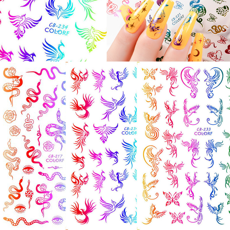 Joyas de manicuras láser fantasía serie de pegatinas de uñas de color dragón y phoenix de estilo chino colorido pegatinas de uñas de serpiente