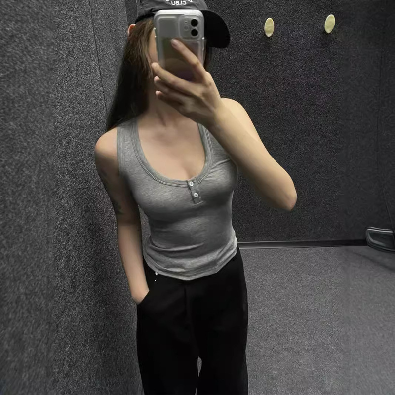 Two-button Tencel Wool Knitted U-neck Vest Women's Black/Grey/Navy Blue
