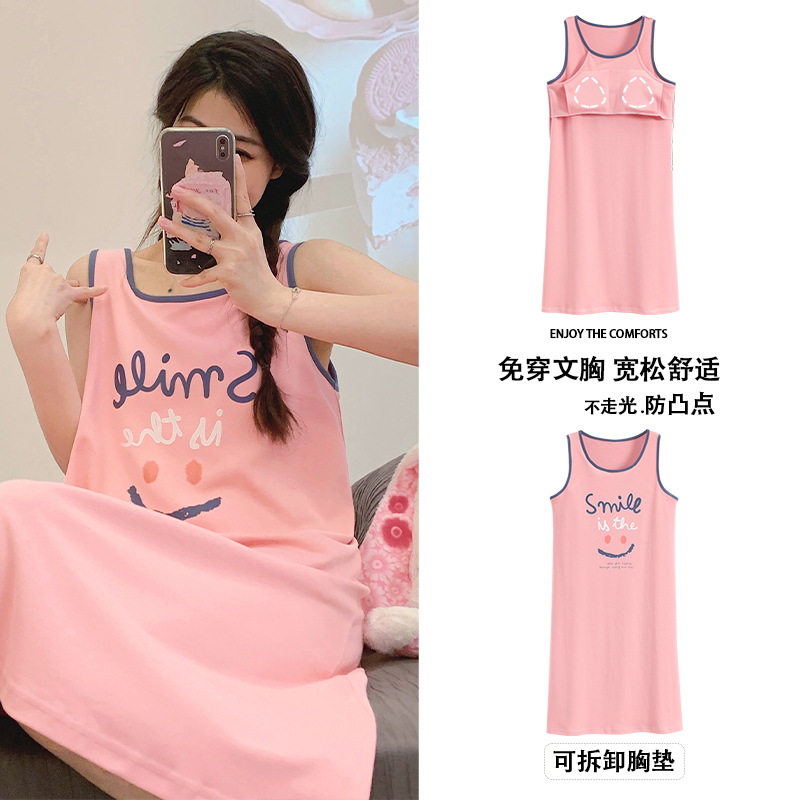 [Con almohadilla en el pecho] Camisón de algodón con almohadilla en el pecho Doble Bolsillo de algodón de verano Pijamas de mujer Ropa para el hogar Mujer