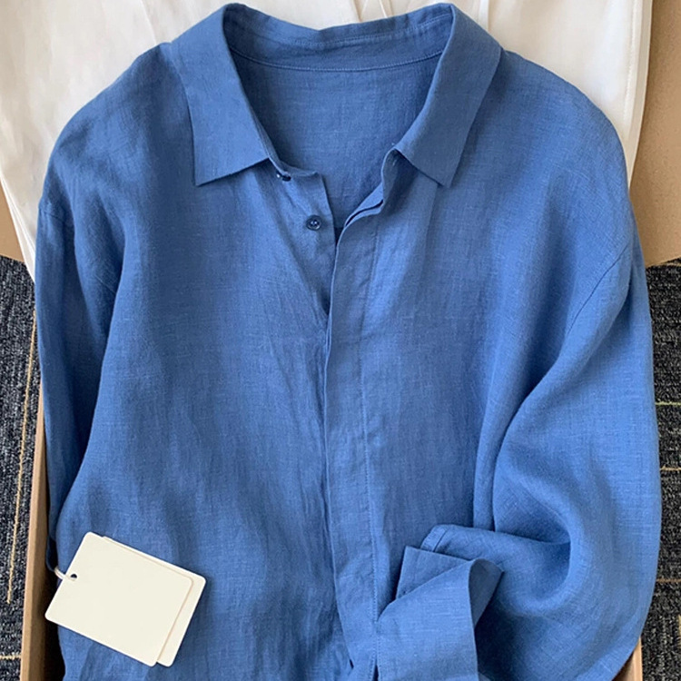 French Blue Linen Shirt Women's Summer Thin Loose Old Money Wind Linen Shirt Long Sleeve Sunscreen Cotton Linen Top