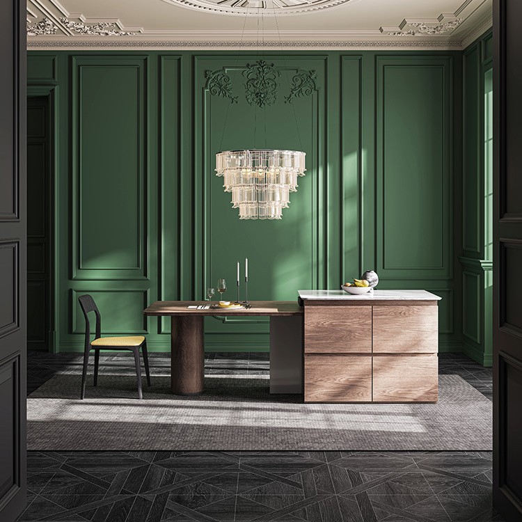 Mesa de comedor de un solo cuerpo de la plataforma de la isla, madera maciza de nogal negro, retráctil y estirado, mesa de guía medieval multifuncional de la isla, mesa de comedor