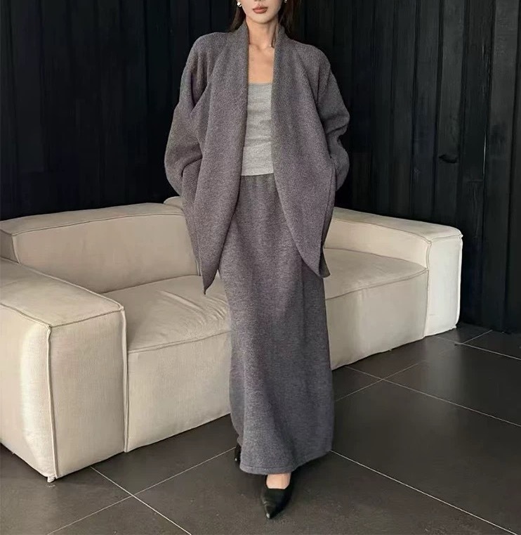 秋冬搭配一整套女韩系慵懒风高级感翻领针织开衫外套半身裙两件套|undefined