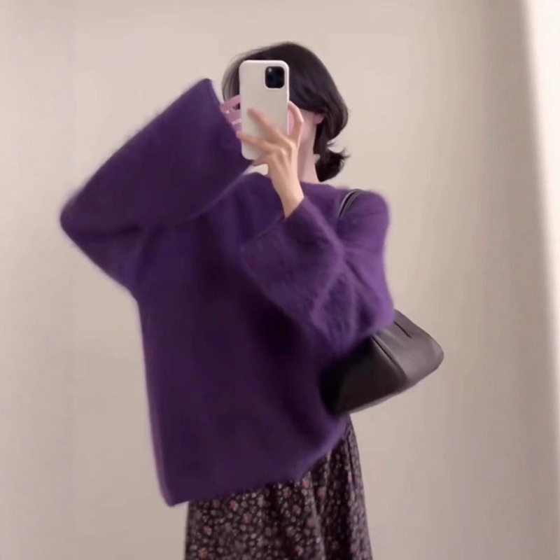 Soft and Waxy Milk Fufu Purple Mink Velvet Pullover Sweater for Women in Autumn and Winter Outer Wear Loose Lazy Furry Knitted Top