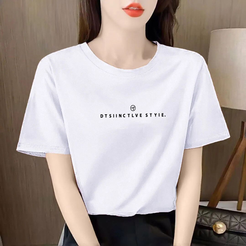 95% pure cotton elastic combed t-shirt short sleeve casual loose women's trendy hong kong style printing no pilling fresh