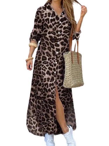 Women's New Fashion, European and American Spring Summer Casual Leopard Print Stylish Cut-out Long Women's Shirt Dress