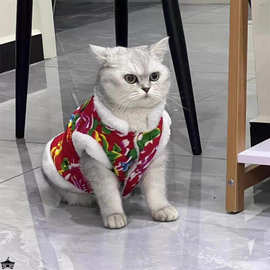 猫咪衣服秋冬东北大花开衫唐装加绒加厚保暖泰迪小型狗狗宠物马甲