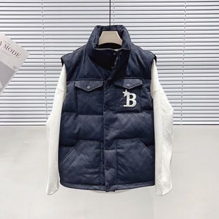 2024 Winter New Men's Khaki Jacquard down Vest Thickened Stand Collar Multi-Pocket Warm Trendy Vest