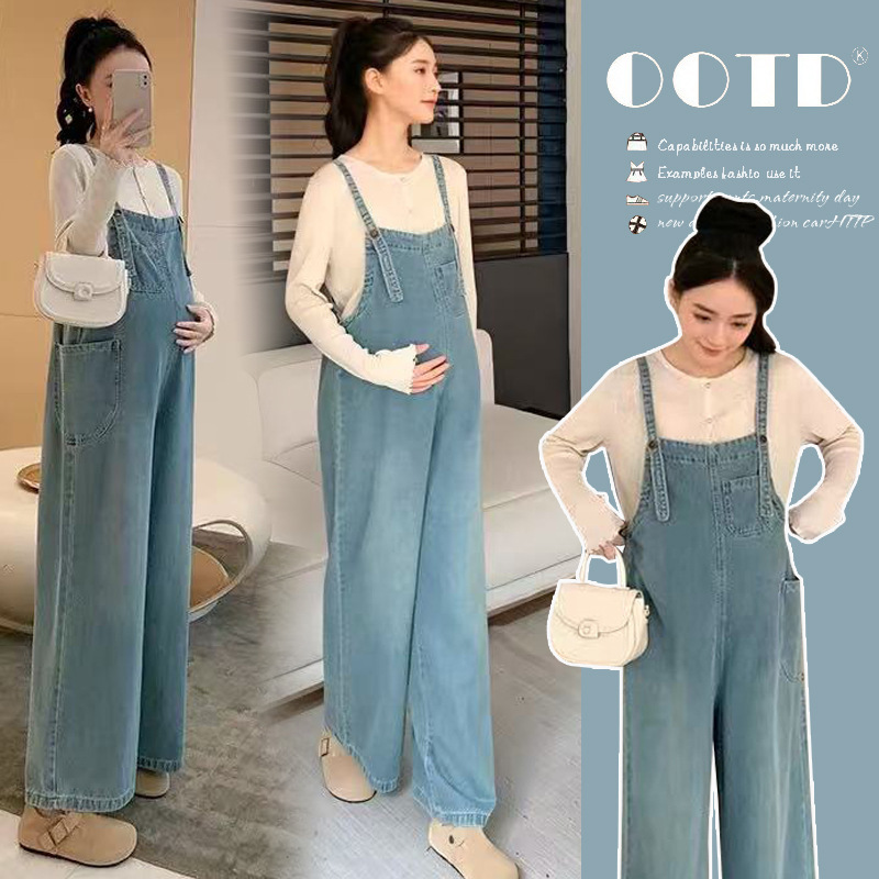 Maternity Spring Suit Fashionable New Retro Denim Overalls Adjustable Two-Piece Suit Maternity Wide-Leg Pants