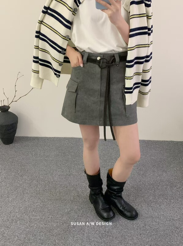 苏珊 韩版双口袋工装a字短裙女2025早秋高腰遮胯显瘦半身裙25075|undefined