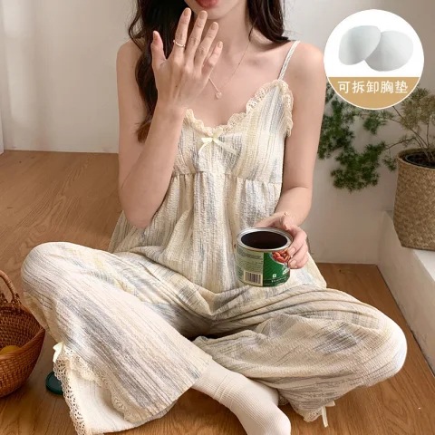 Celebridad en línea pijamas en vivo de las mujeres 2023 cabestrillo de verano con almohadilla en el pecho Celebridad de Internet algodón artificial ropa de hogar traje de verano entrega de una pieza