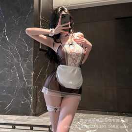 女仆情趣内衣制服装女佣cos套装免脱透明蕾丝开档女仆围裙蕾丝装
