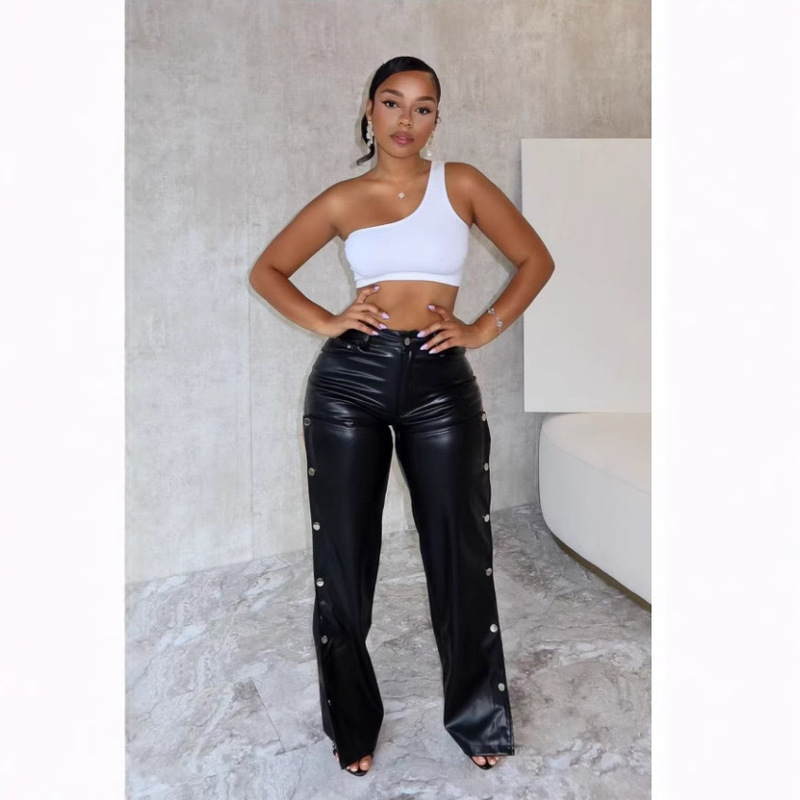 M6053 European and American Cross-border Foreign Trade 2024 Autumn and Winter New Fashion Sexy High Waist Slimming Straight Casual Leather Pants