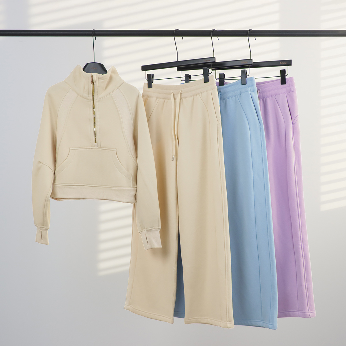 Women's Stand Collar Half-Zip Hoodie Sweatsuit Set Fleece-Lined Scuba Jacket Joggers Casual Sportswear_voghion.com