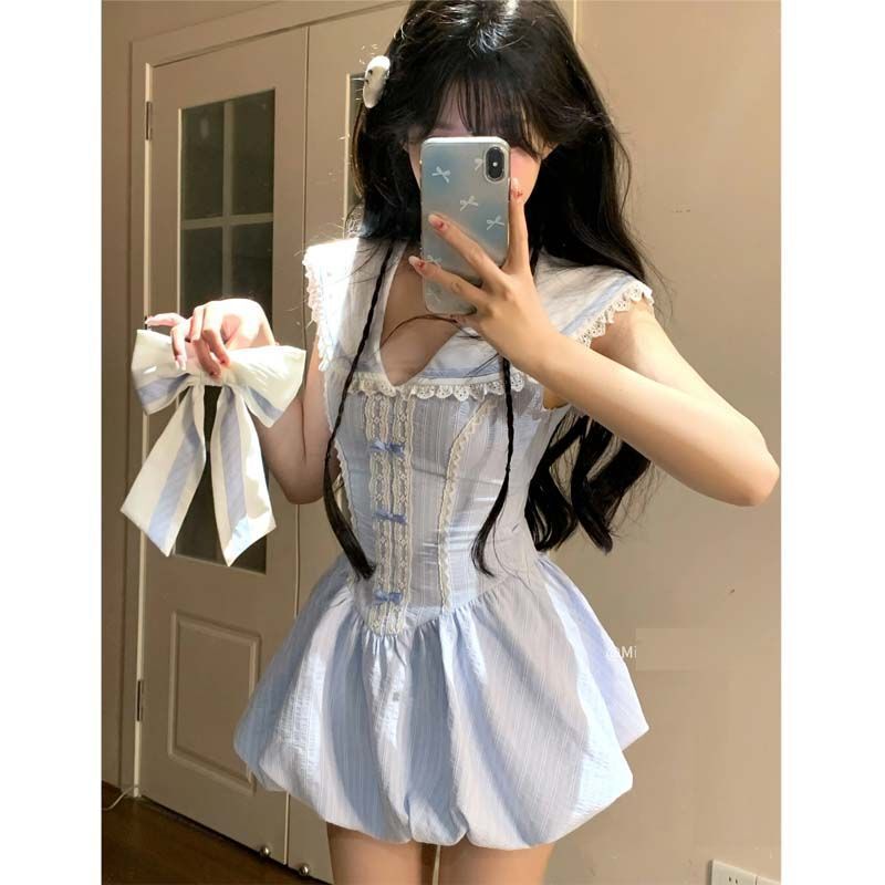 A3I College-Style Sweet and Elegant Navy Collar Dress for Women, New Spring/Summer Collection, Waist-Cinching, Slimming, Petite, Puffy Short Dress A3I College-Style Sweet and Elegant Navy Collar Dress for Women, New Spring/Summer Collection, Waist-Cinching, Slimming, Petite, Puffy Short Dress