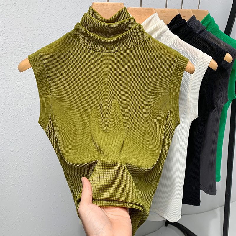 Las mujeres cuello alto Chaleco de malla 2023 nuevas elegante interior estilo occidental pequeña camisa color sólido cintura sin mangas top