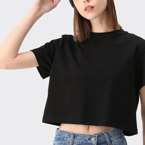 Women's half-torso belly shirt, pure cotton, summer comfort breathable, combed cotton short sleeve, pure white, women's t-shirt