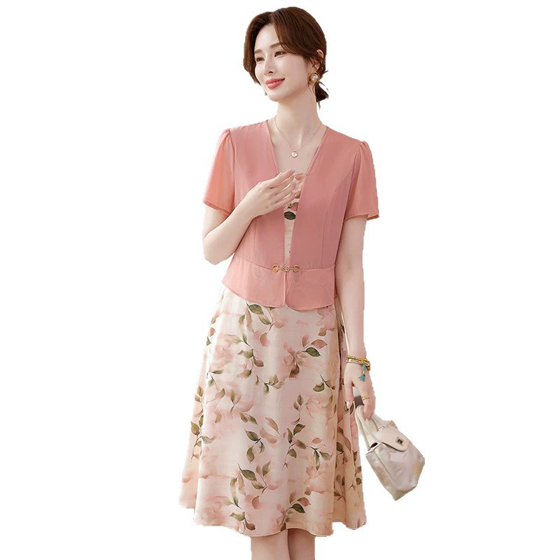 Летнее платье для мамы среднего возраста, платье-двойка с короткими рукавами, модная новинка 2025 года, юбка для женщин среднего и пожилого возраста 50 лет