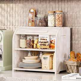 竹制卷顶面包箱厨房台面大容量面包储存箱双层木质面包储存整理器