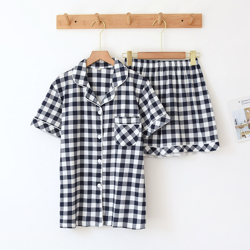 LZQレディースネイビーチェックニット半袖ショートパンツ