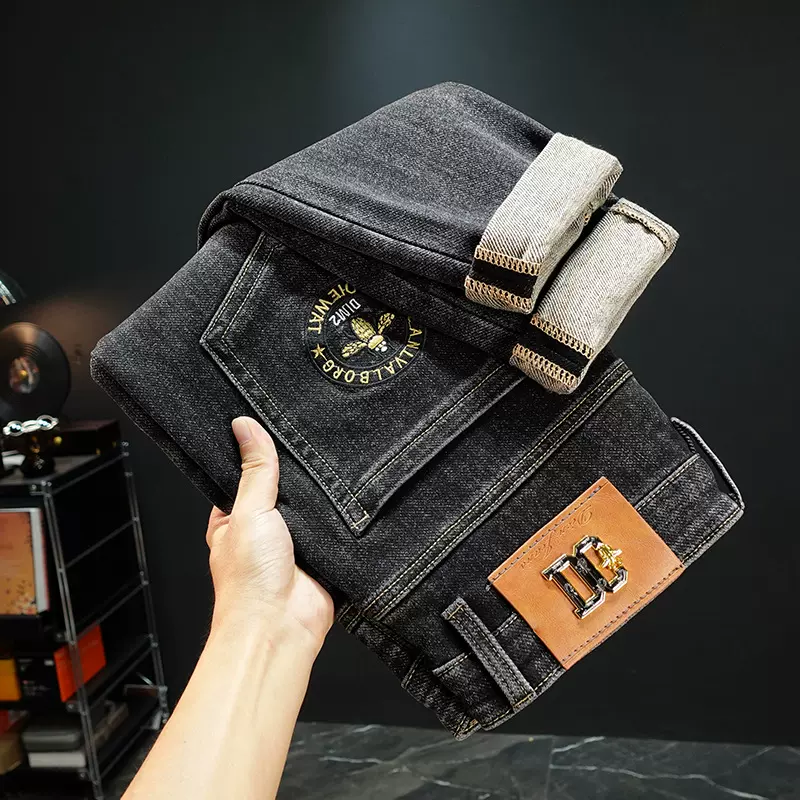 黑灰色牛仔裤男2025年秋冬款潮流锥形小脚哈伦裤修身弹力厚款长裤