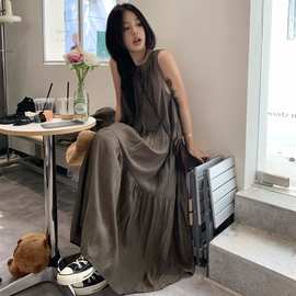 实拍~慵懒风松弛感背心裙女夏季小众褶皱宽松连衣裙a字长裙82088