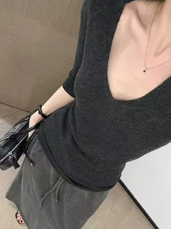 深灰色大领口羊毛修身打底衫毛衣女秋冬内搭可外穿小个子针织上衣|undefined