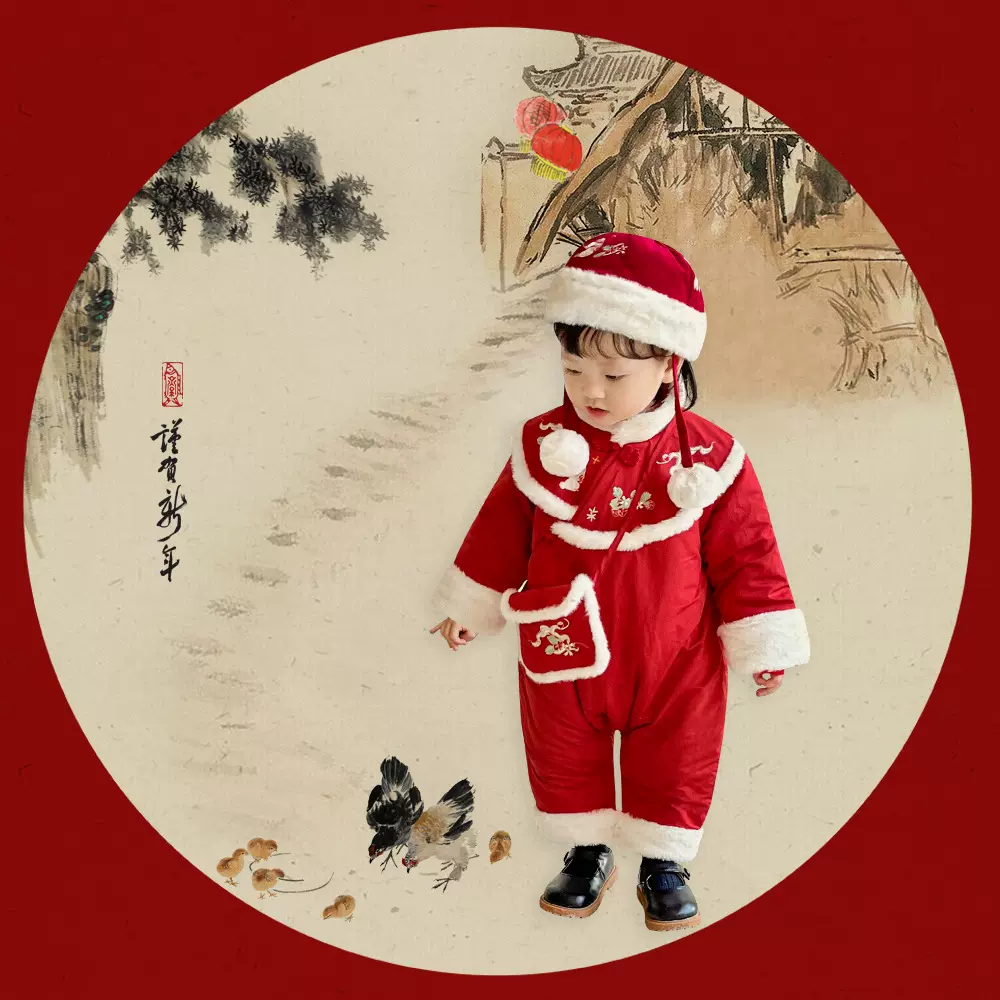 2024冬季新款婴幼胸前开盘扣拜年服花兔刺绣加厚保暖连体衣送包包