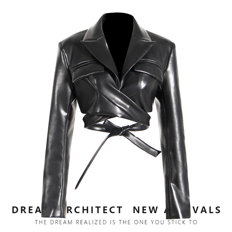 European and American Queen Style Small Suit 2025 Full Open Cross Strap Waist Revealing Chest Long Sleeve Pu Leather Short Jacket for Women