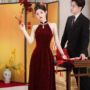 Red Cheongsam Toast Dress for Bride 2025 New Light Luxury Sleeveless Neck Banquet New Chinese Engagement Evening Dress