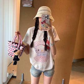 慵懒感宽松休闲卡通小猫印花短袖t恤女夏季新款正肩百搭微透上衣