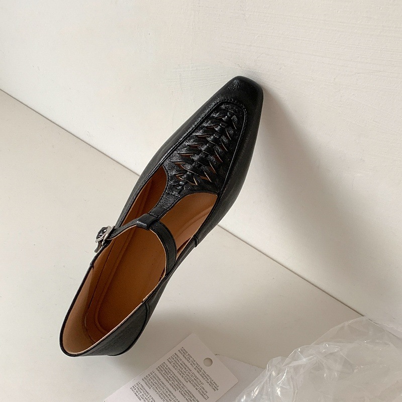 Giày Mary Jane nữ đan T-Strap da thật mũi vuông đế bệt — màu đen, bạc chi tiết 88