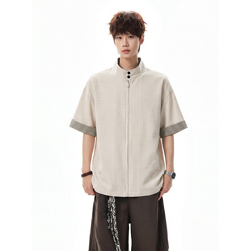 Old Money Style Patchwork Zipper Shirt Custom Printed Logo Graphic Workwear Stand Collar Short Sleeve Shirt Photography Team Uniform Old Money Style Patchwork Zipper Shirt Custom Printed Logo Graphic Workwear Stand Collar Short Sleeve Shirt Photography Team Uniform