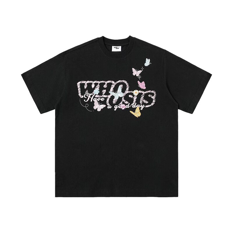 WHOOSIS(名前不明) フレッシュバタフライ 半袖Tシャツ プリント トレンド ブランド ゆったり ヘビーウェイト キャンパス カップル リネン|undefined
