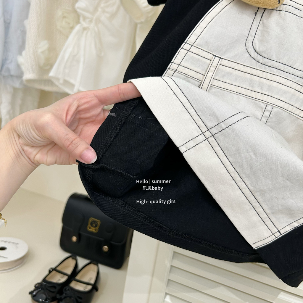 [Le En baby] 2025 primavera y verano niña falda de tirantes de dibujos animados falsa de dos piezas vestido de estilo occidental a juego falda linda