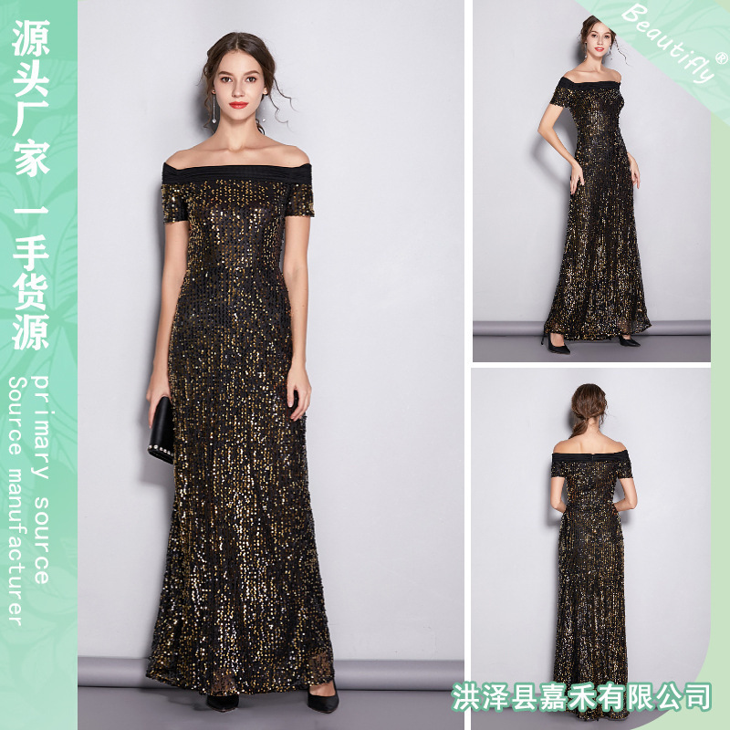 Cross-Border Hot-Selling New European and American Style Sequined Goddess Off-The-Shoulder Long Evening Gown for Annual Parties and Balls