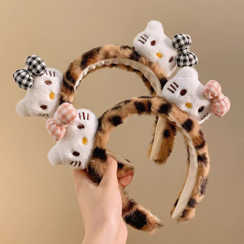 可爱格子蝴蝶结Kitty洗脸发箍秋冬压发卡通毛绒发卡甜酷豹纹头箍|undefined