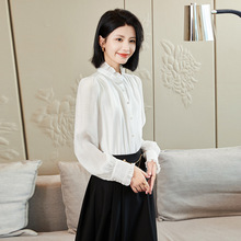 秋季新款时尚立领黑色衬衫女正装宽松法式木耳边职业装女士衬衣