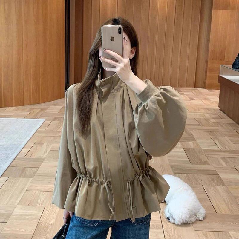 Minimalist Commuter Jacket 2025 New Batwing Style Stand Collar Design Long Sleeve Practical Pocket Waist-Cinching Top