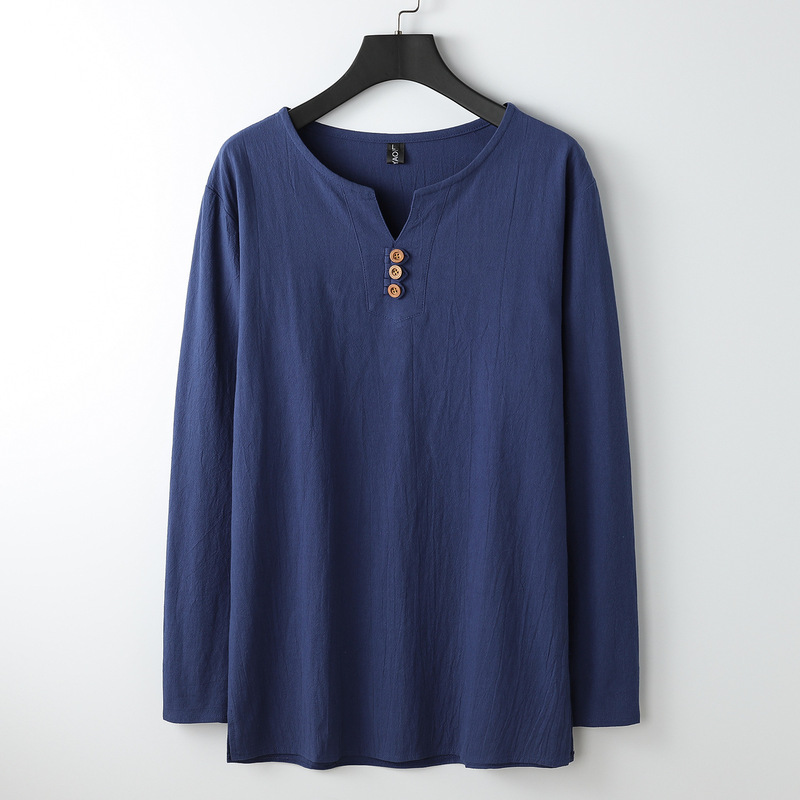 リネン長袖TシャツメンズVネック夏ゆったり薄手復活中国風紳士服綿麻文学メンズTシャツ|undefined