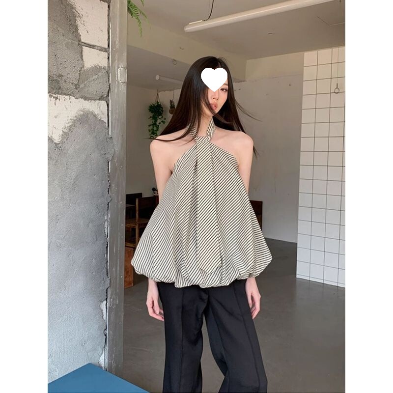 Halter Neck Vest French New Style Sleeveless Tie Design Flower Bud Fashion Loose Summer Striped Top Slimming Women Halter Neck Vest French New Style Sleeveless Tie Design Flower Bud Fashion Loose Summer Striped Top Slimming Women