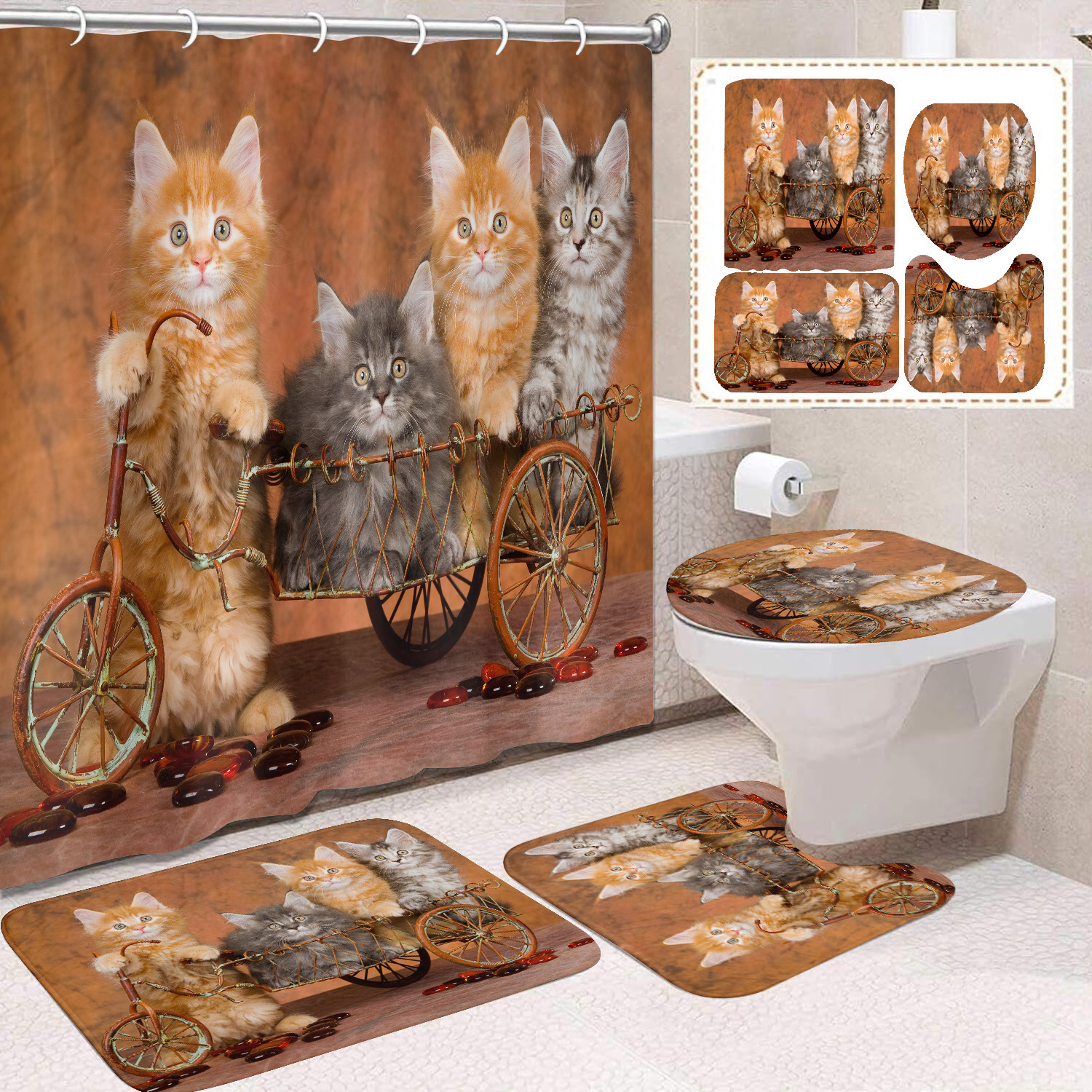 Fuente de fabricantes Amazon animales gatos niños cortina de ducha impermeable a prueba de moho cortina de ducha inodoro partición de baño divertido
