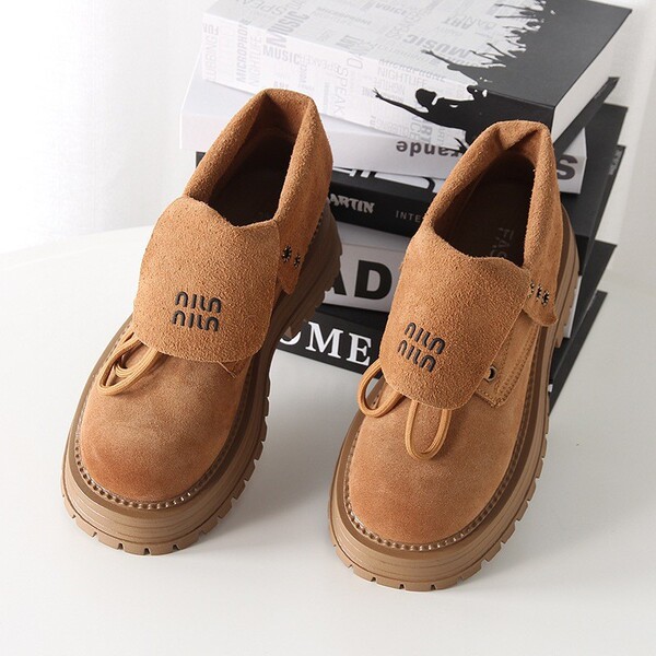Thick-Soled Genuine Leather Rhubarb Boots, Boots, Women's Shoes, New Lace-Up Yellow Ankle-Length Short Boots, Spring & Fall Single Boots