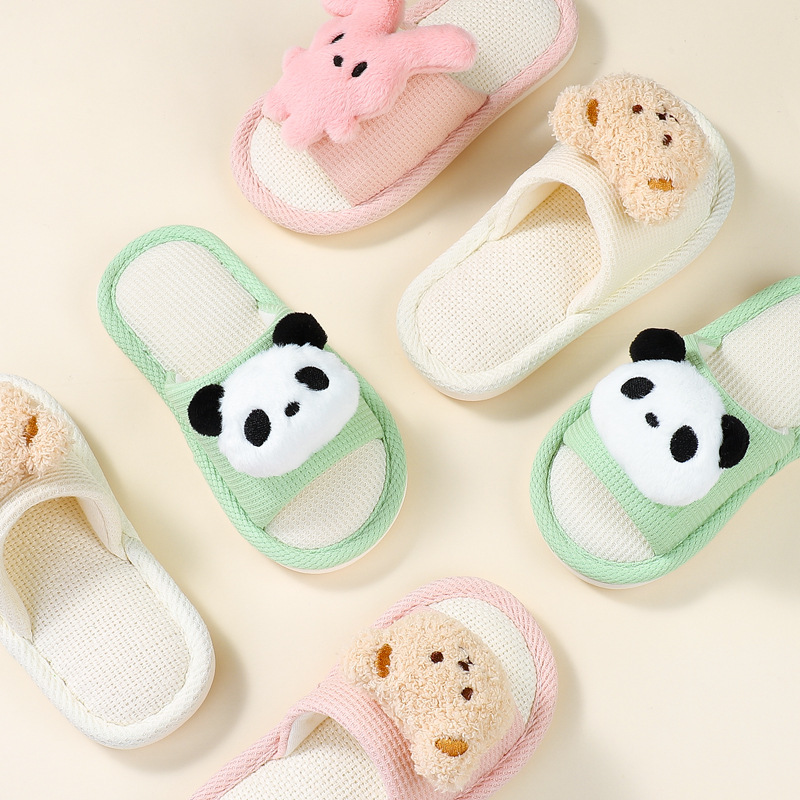 Spring and Autumn Parent-Child Linen Slippers for Boys and Girls, Cartoon Character Plush Slippers for Autumn and Winter Home Floor Slippers, Dropshipping
