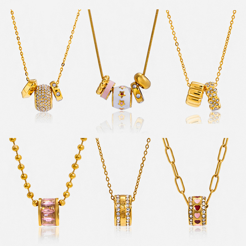Elegant 18K Gold Stainless Steel Necklace with Niche Diamond Ring Pendant, Sweater Chain, Good Luck Charm, Cross-Border Jewelry
