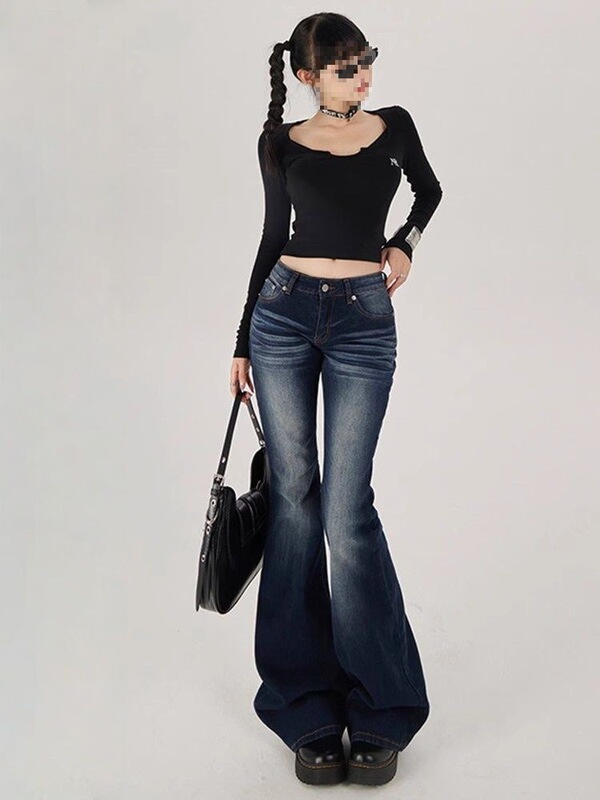 Petite Dark Blue Flared Jeans for Women, American Retro Style, Low Elasticity, Slim Fit, Low Waist, Bell-Bottom Pants