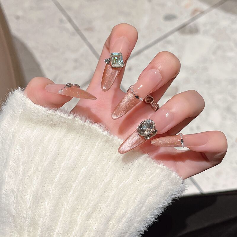 Wearable Nails, Purely Handmade, High-End, Long-Length, Pink Cat-Eye Design, Premium Quality, Specially Designed Wearable Nail Pieces, Elegant and Complexion-Enhancing Wearable Nails, Purely Handmade, High-End, Long-Length, Pink Cat-Eye Design, Premium Quality, Specially Designed Wearable Nail Pieces, Elegant and Complexion-Enhancing