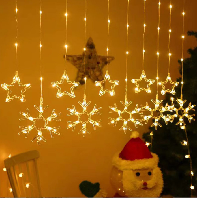 Star Moon copo de nieve cortina de luz de cuero línea de Luz color de la estrella Cadena de luz de cuero tira de hielo habitación atmósfera luz decorativa de Navidad